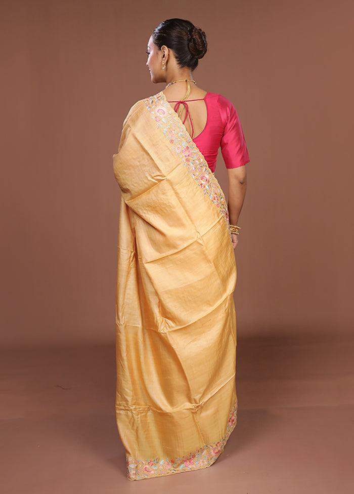 Yellow Handloom Tussar Pure Silk Saree With Blouse Piece