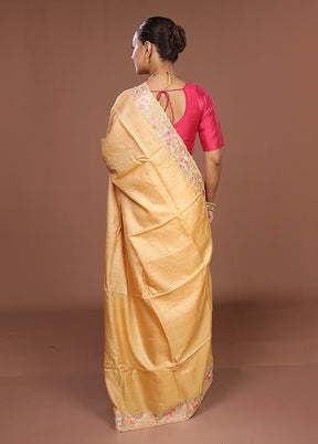 Yellow Handloom Tussar Pure Silk Saree With Blouse Piece