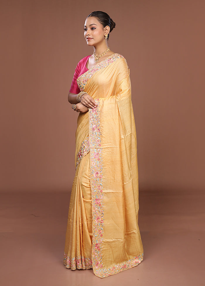 Yellow Handloom Tussar Pure Silk Saree With Blouse Piece