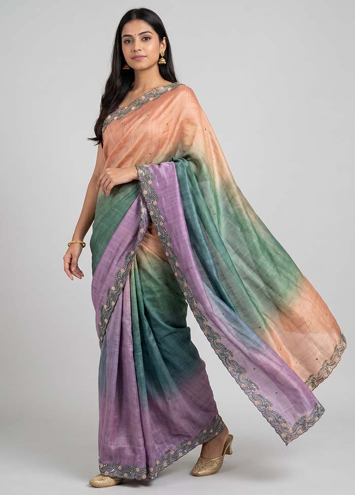 Purple Handloom Tussar Pure Silk Saree With Blouse Piece