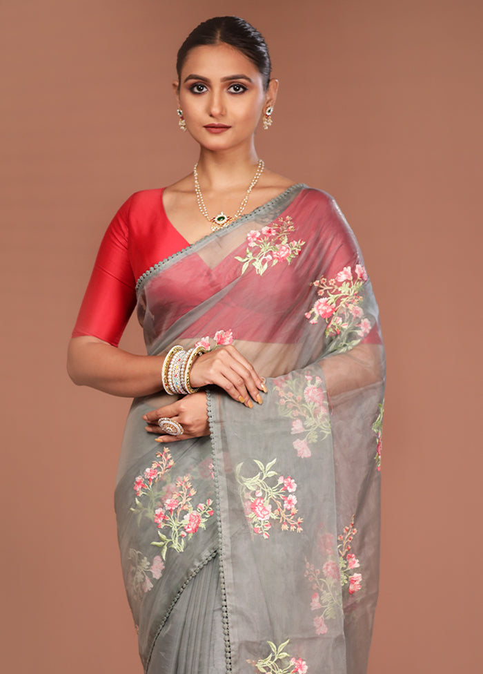 Grey Organza Saree With Blouse Piece