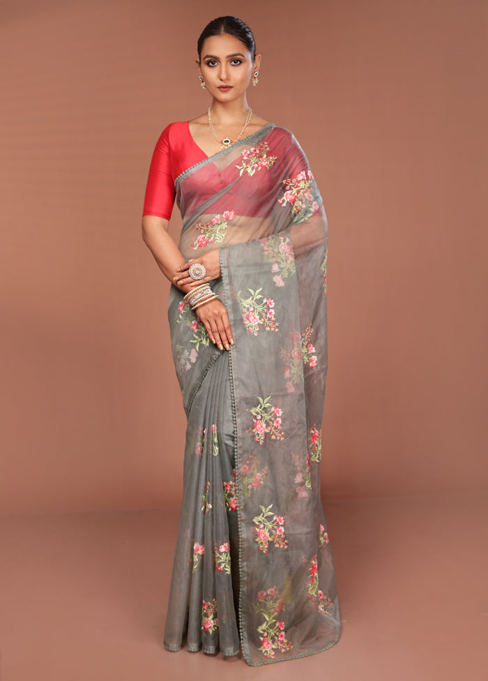 Grey Organza Saree With Blouse Piece