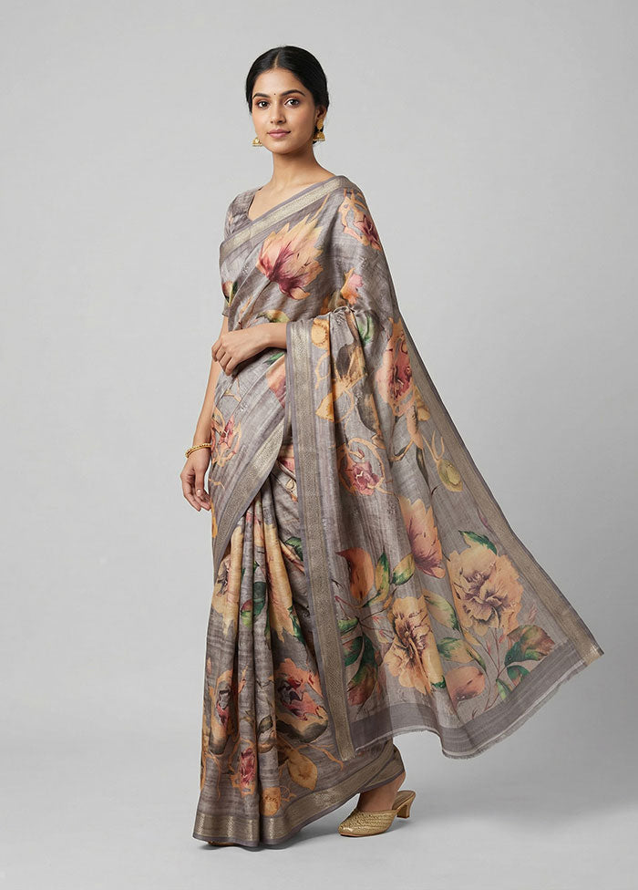 Grey Tussar Silk Saree With Blouse Piece