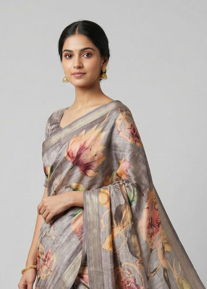Grey Tussar Silk Saree With Blouse Piece