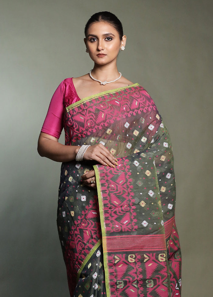 Green Tant Jamdani Saree Without Blouse Piece