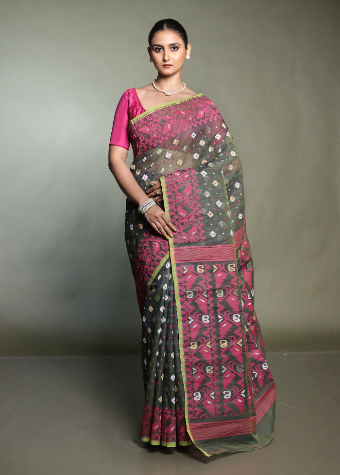 Green Tant Jamdani Saree Without Blouse Piece