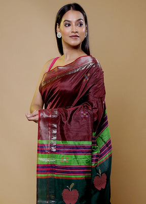 Brown Kalakshetra Silk Saree With Blouse Piece
