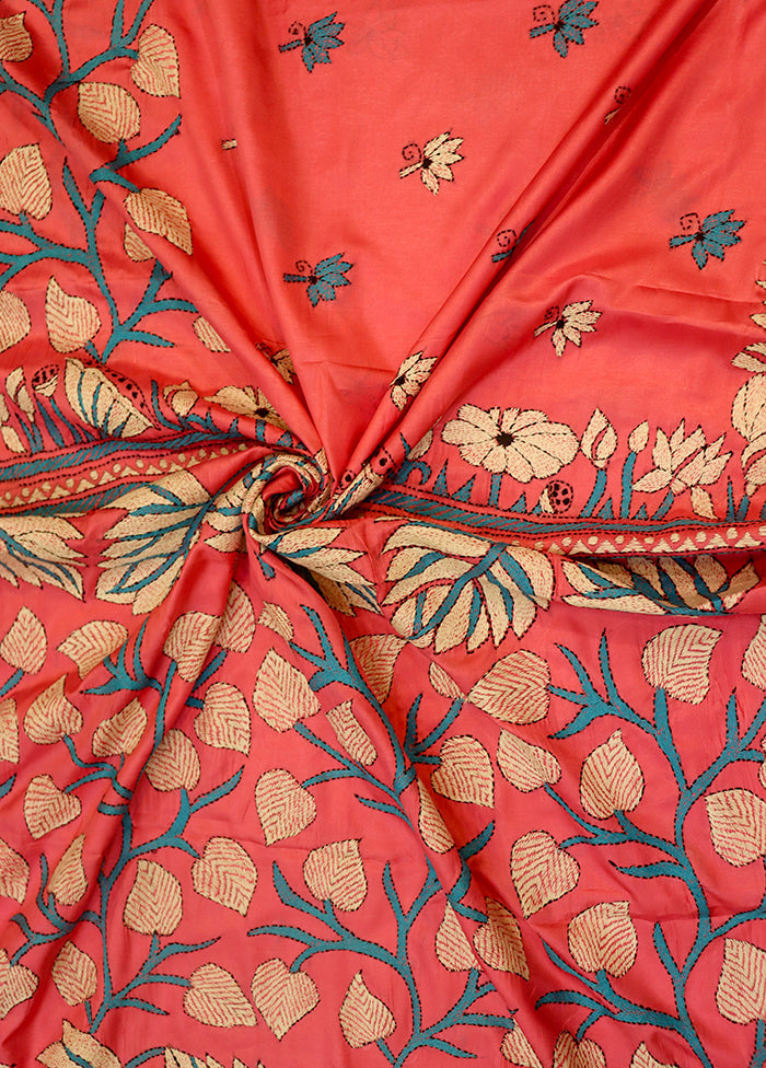Pink Kantha Stitch Silk Saree With Blouse Piece