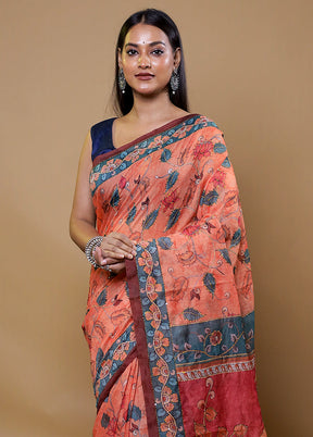 Peach Cotton Saree With Blouse Piece