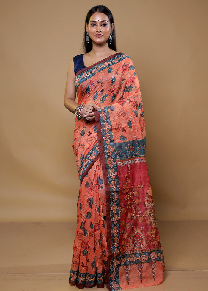 Peach Cotton Saree With Blouse Piece