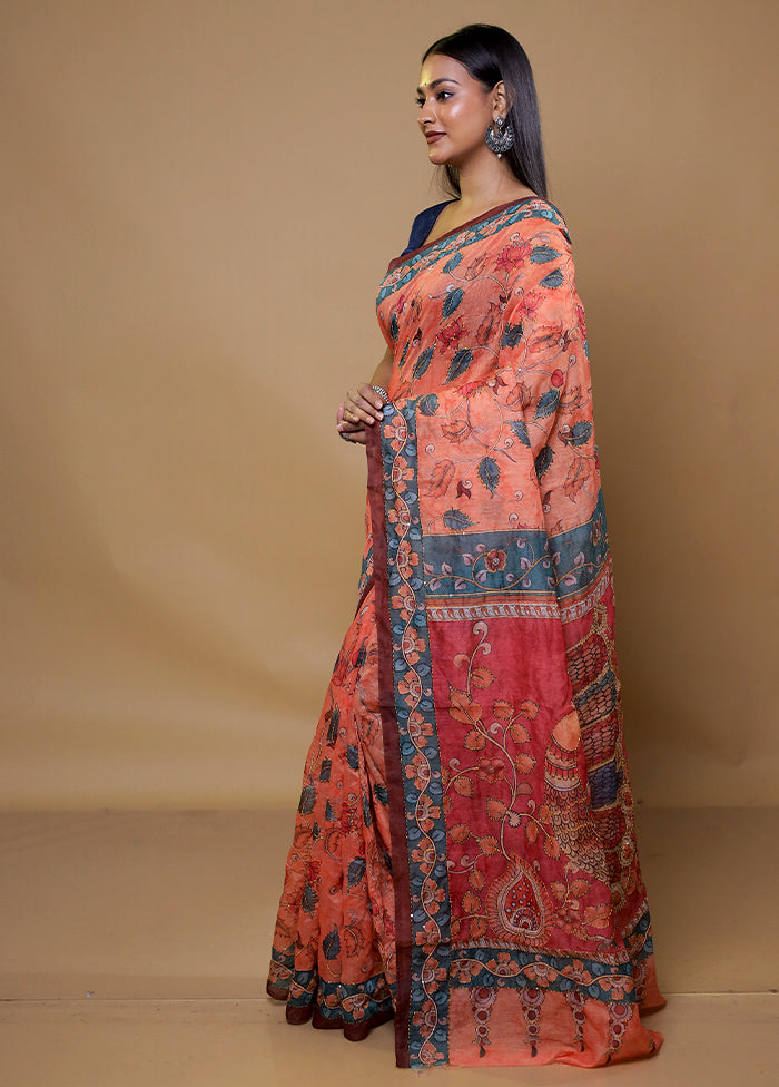 Peach Cotton Saree With Blouse Piece
