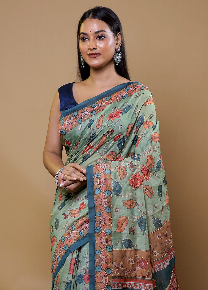 Green Cotton Saree With Blouse Piece