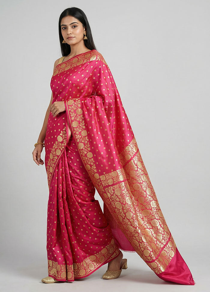 Pink Handloom Banarasi Pure Silk Saree With Blouse Piece