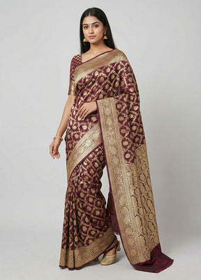 Maroon Handloom Banarasi Pure Silk Saree With Blouse Piece