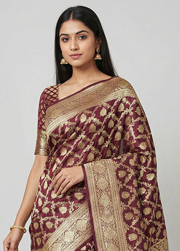 Maroon Handloom Banarasi Pure Silk Saree With Blouse Piece