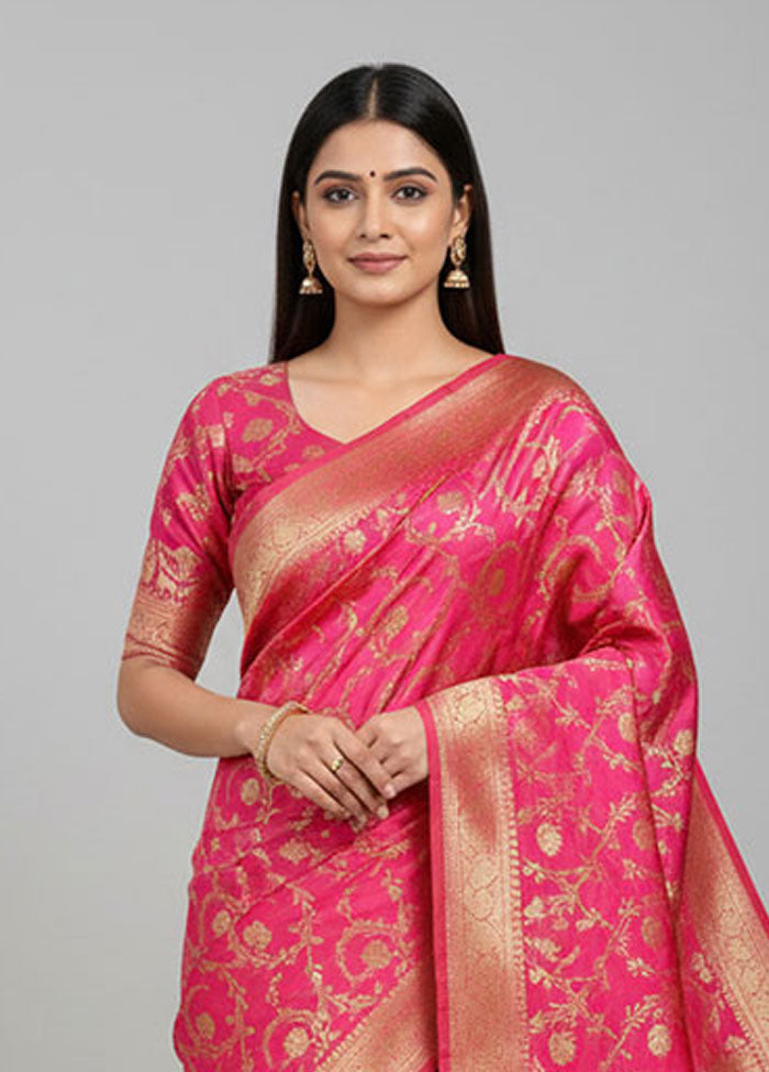 Pink Banarasi Silk Saree With Blouse Piece