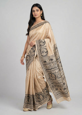 Cream Handloom Tussar Pure Silk Saree With Blouse Piece