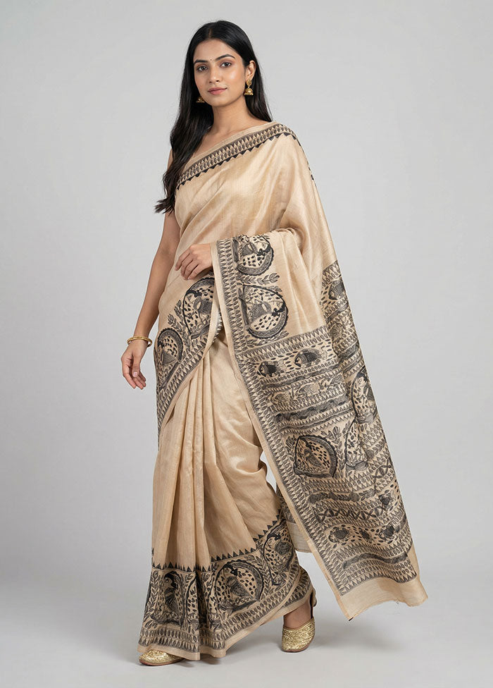 Cream Handloom Tussar Pure Silk Saree With Blouse Piece
