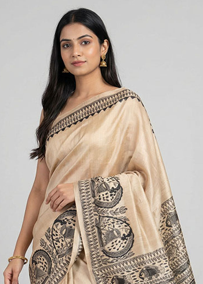 Cream Handloom Tussar Pure Silk Saree With Blouse Piece