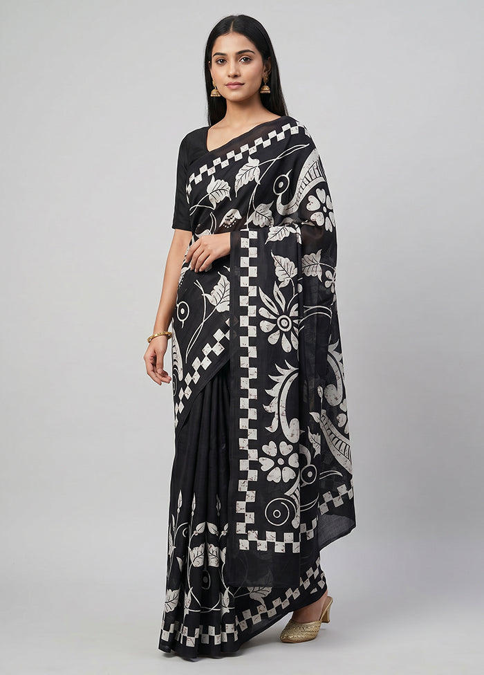 Black Printed Silk Saree Without Blouse Piece