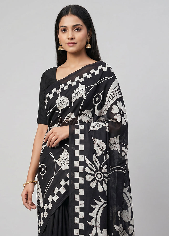 Black Printed Silk Saree Without Blouse Piece