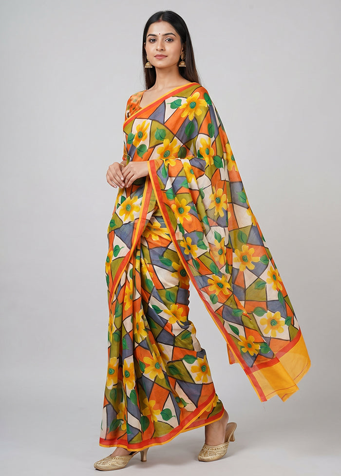 Yellow Printed Silk Saree Without Blouse Piece