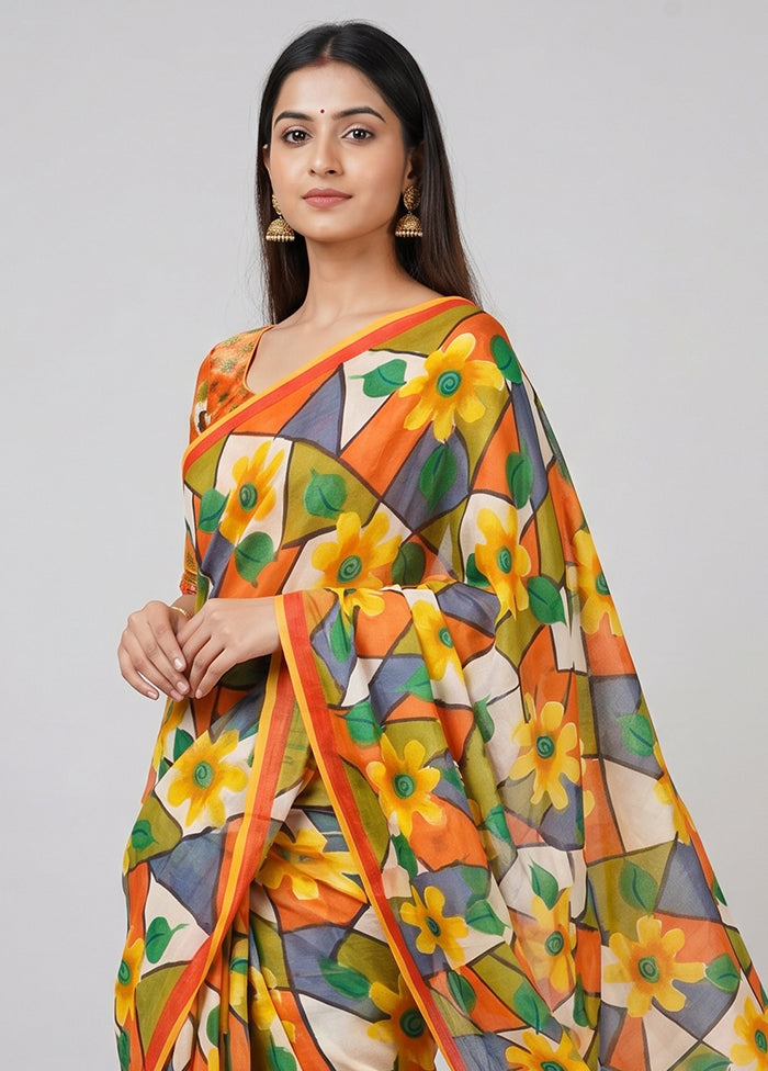 Yellow Printed Silk Saree Without Blouse Piece