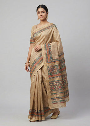 Cream Tussar Silk Saree With Blouse Piece