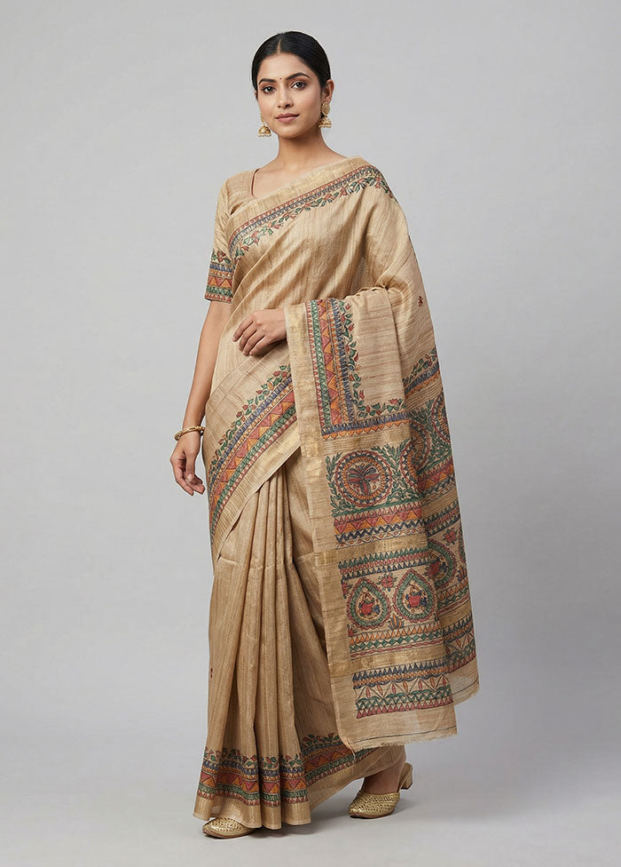 Cream Tussar Silk Saree With Blouse Piece