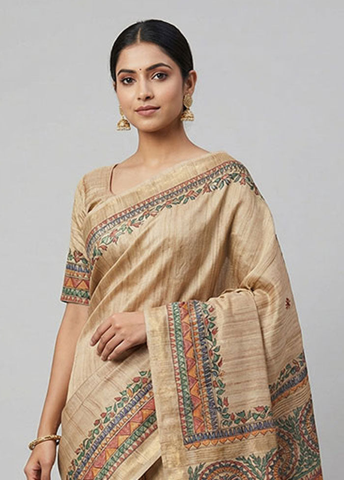 Cream Tussar Silk Saree With Blouse Piece