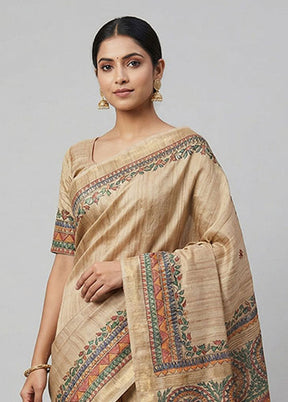 Cream Tussar Silk Saree With Blouse Piece