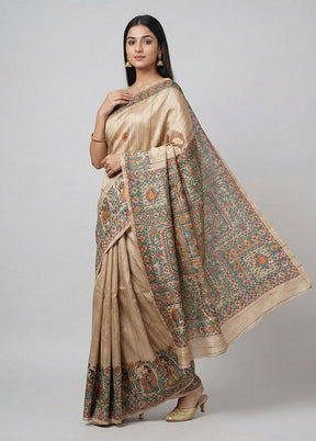 Cream Tussar Silk Saree With Blouse Piece