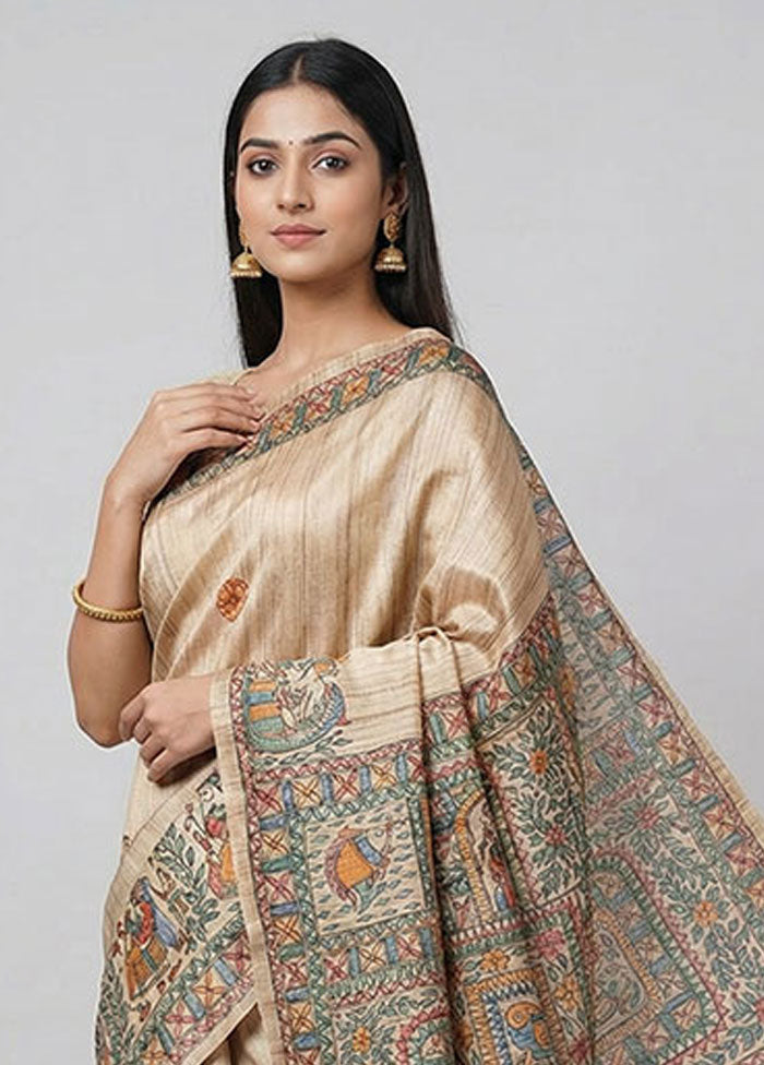 Cream Tussar Silk Saree With Blouse Piece