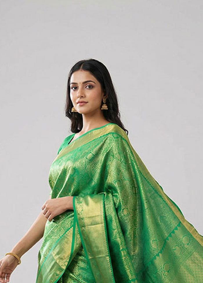 Green Handloom Kanchipuram Pure Silk Saree With Blouse Piece