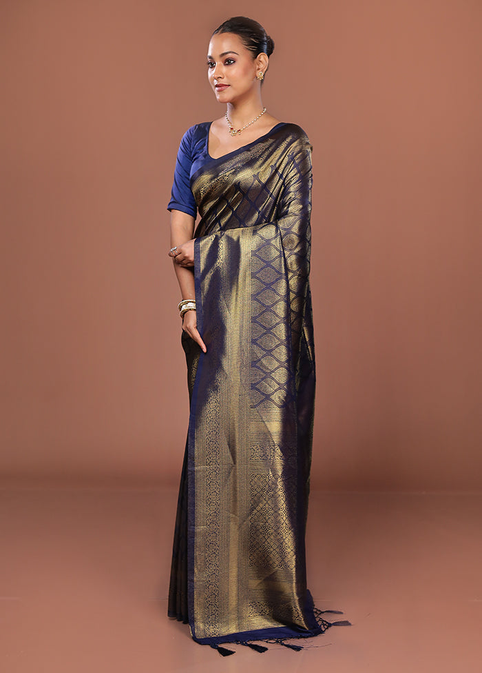 Blue Dupion Silk Saree With Blouse Piece