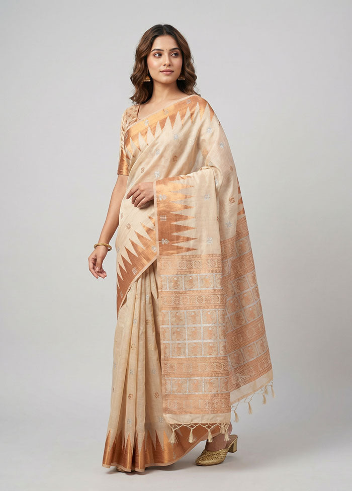 Cream Dupion Silk Saree With Blouse Piece