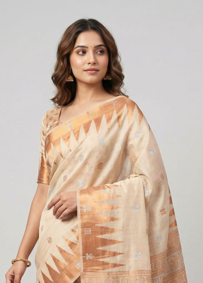 Cream Dupion Silk Saree With Blouse Piece
