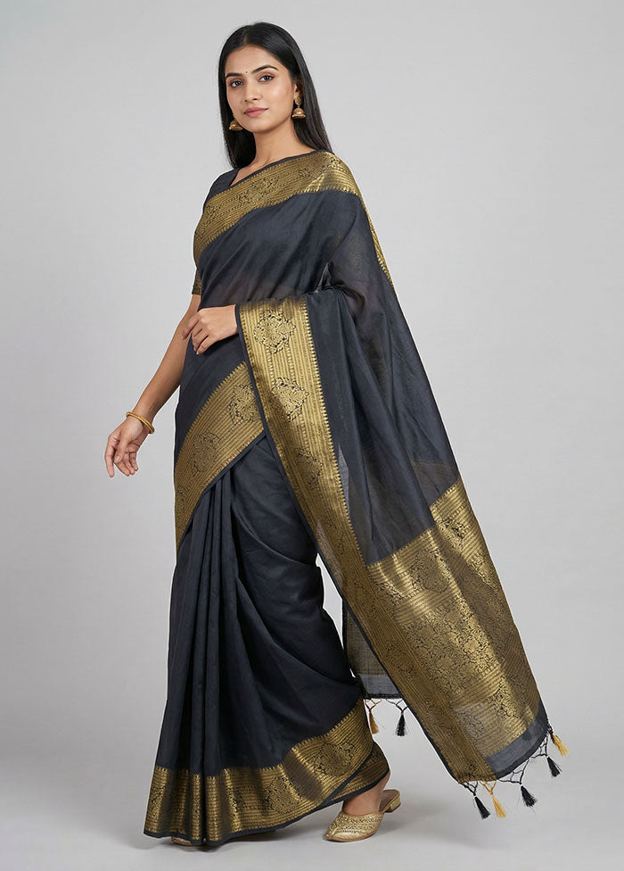 Black Dupion Silk Saree With Blouse Piece