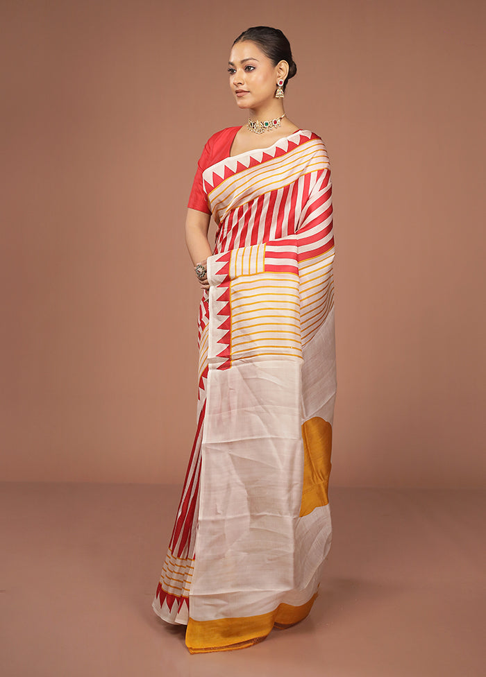 Cream Printed Pure Silk Saree Without Blouse Piece