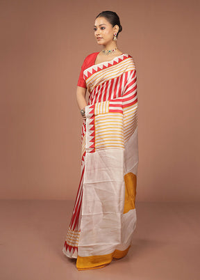 Cream Printed Pure Silk Saree Without Blouse Piece
