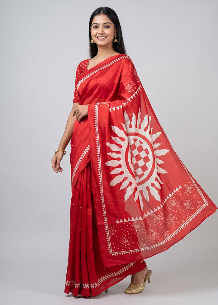 Red Printed Silk Saree Without Blouse Piece