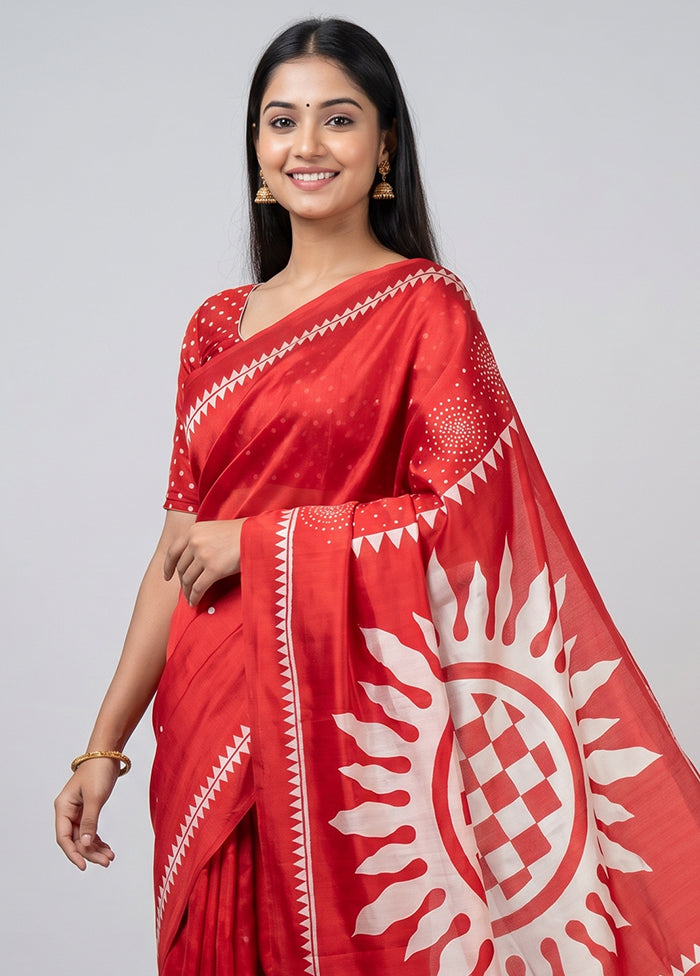 Red Printed Silk Saree Without Blouse Piece