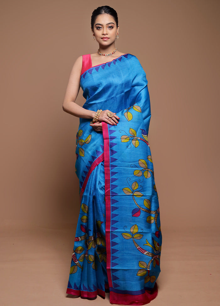 Blue Printed Pure Silk Saree Without Blouse Piece
