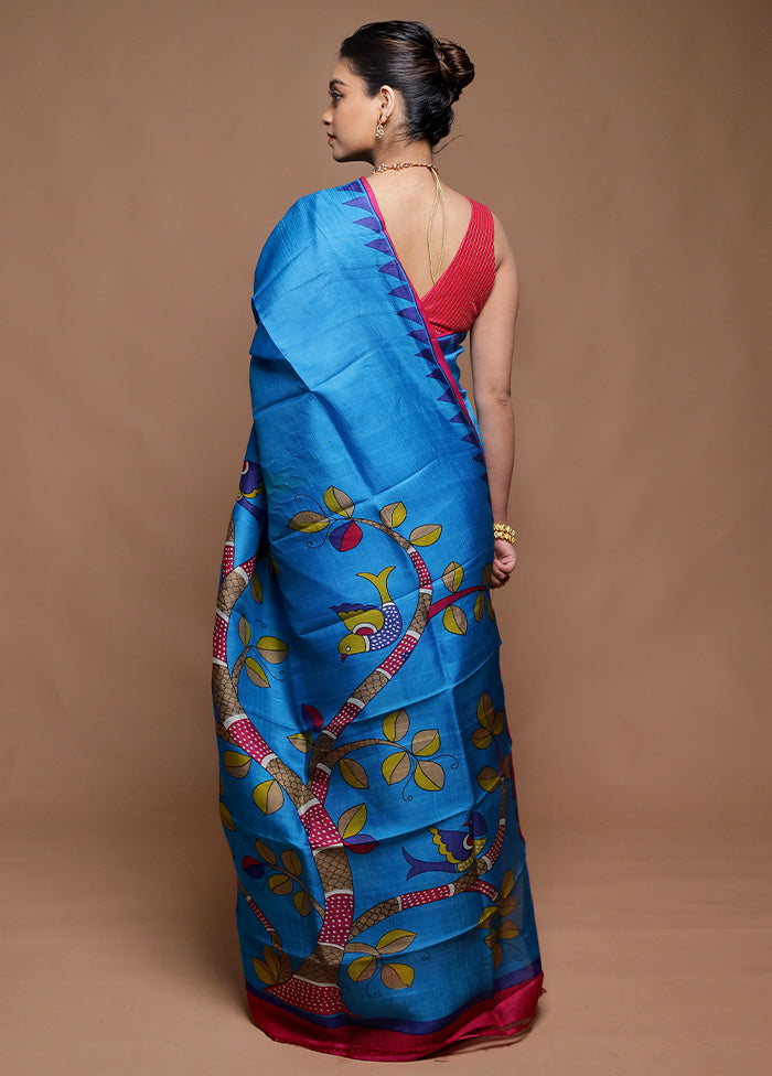 Blue Printed Pure Silk Saree Without Blouse Piece