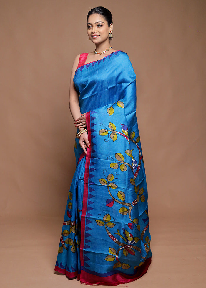 Blue Printed Pure Silk Saree Without Blouse Piece