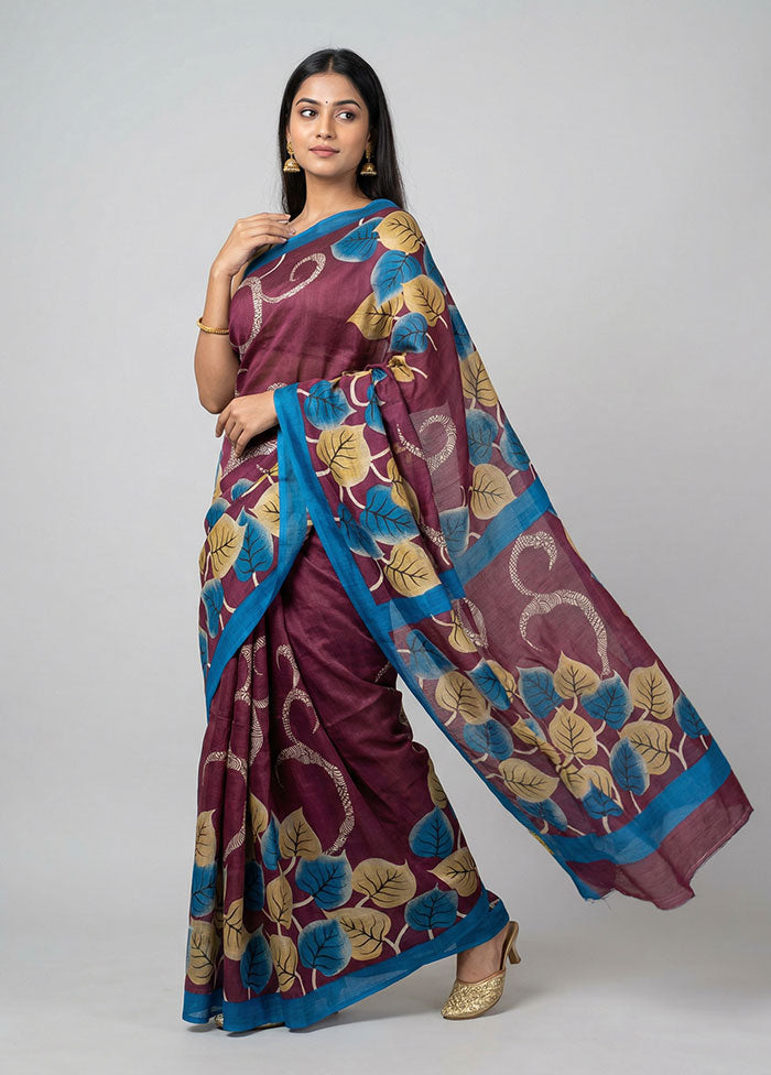 Purple Printed Silk Saree Without Blouse Piece