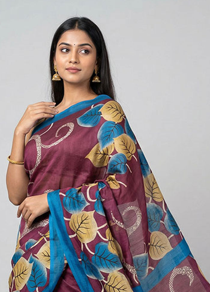 Purple Printed Silk Saree Without Blouse Piece