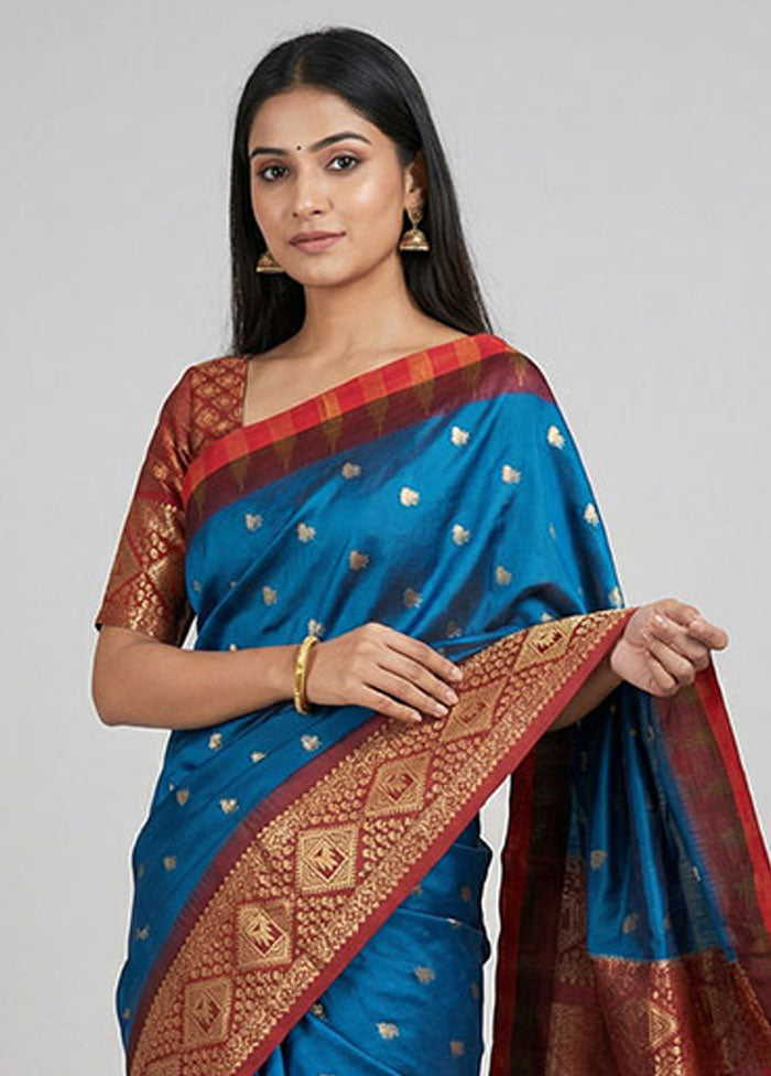 Blue Kanjivaram Silk Saree With Blouse Piece