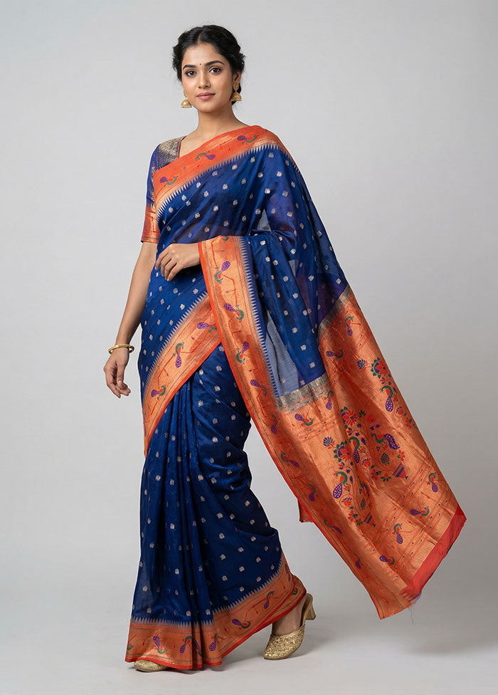 Blue Handloom Kanjivaram Pure Silk Saree With Blouse Piece