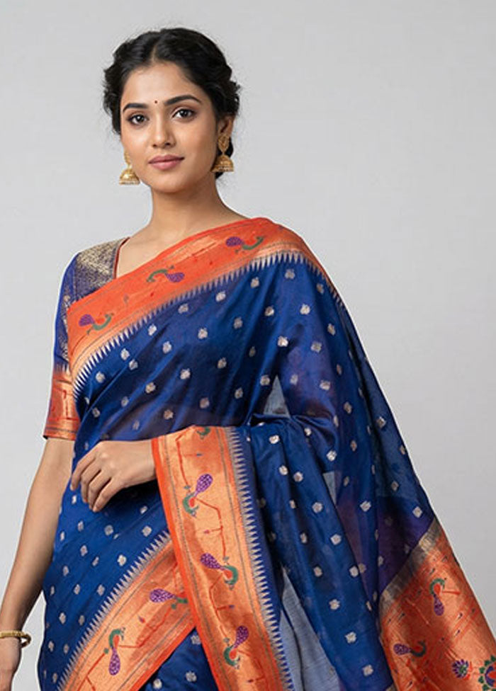 Blue Handloom Kanjivaram Pure Silk Saree With Blouse Piece